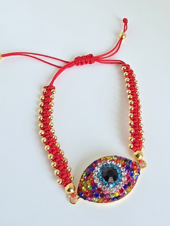 Handmade Jewelry - Adjustable Red String Evil Eye Bracelet Gold Beads Rainbow Crystal Protection